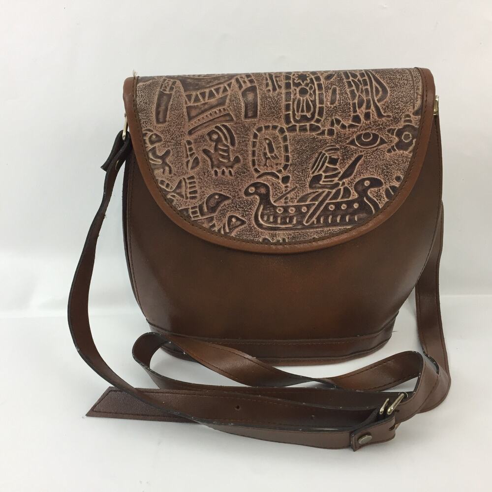 Y2K VINTAGE LEATHER CROSSBODY HANDBAG PURSE SATCHEL SADDLE BAG BROWN BOHO